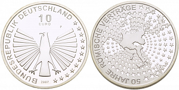 ФРГ 10 евро 2007 F, 50 лет Римскому договору KM 264, DE.S. 10.30 серебро PROOF 01-093-34