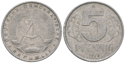 ГДР 5 пфеннигов 1968 A KM 9.1 алюминий 4625-619