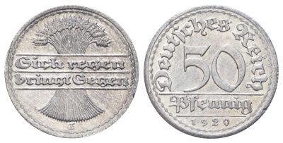 Германия 50 пфеннигов 1920 E KM 27, J. 301 алюминий 4700-951