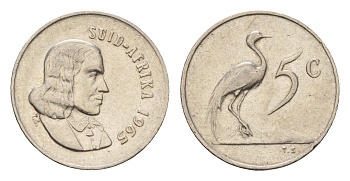 ЮАР 5 центов 1965 Ян ван Рибек (1619-1677), Suid Africa, легенда на африкаанс, райский журавль KM 67.2 медно-никель 4682-724