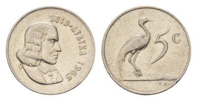 ЮАР 5 центов 1965 Ян ван Рибек (1619-1677), Suid Africa, легенда на африкаанс, райский журавль KM 67.2 медно-никель 4682-724