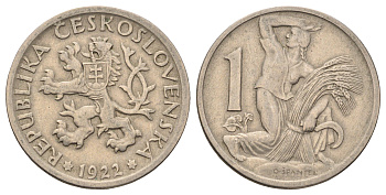 Чехословакия 1 крона 1922 женщина со снопом и серпом KM 4 медно-никель 4654-612