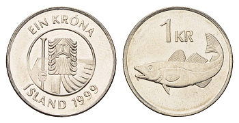 Исландия 1 крона 1999 треска KM 27a сталь плакированная никелем UNC 4687-845