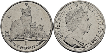 Остров Мэн 1 крона 2014 кошка сноу-шу с котятами KM 1558 медно-никель UNC 00-00