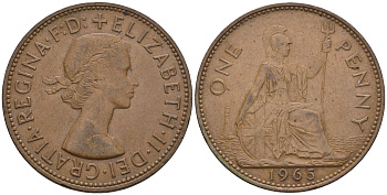 Великобритания 1 пенни 1965 Елизавета II (1952-2022) КМ 897, Spink 4157 бронза 4112-741