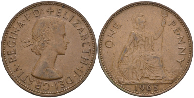 Великобритания 1 пенни 1965 Елизавета II (1952-2022) КМ 897, Spink 4157 бронза 4112-741