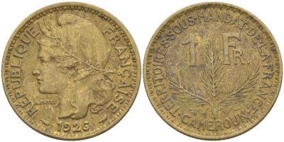 Французский Камерун 1 франк 1926 (а), монетный двор Париж KM 2 алюминиевая бронза 63-1232