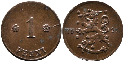 ФИНЛЯНДИЯ 1 ПЕННИ 1921 KM 23 медь 4387-367