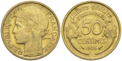 ФРАНЦИЯ 50 САНТИМОВ 1936 ТИП MORLON KM 894.1, LE FRANC 192.12 алюминиевая бронза 44-737