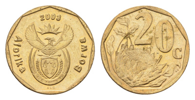 ЮАР 20 центов 2003 герб, цветок протея KM 327 сталь плакированная бронзой UNC 4687-552