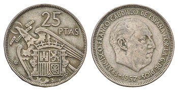 Испания 25 песет 1957 (68) Франсиско Франко (1939 - 1975) KM 787 медно-никель 4633-1053