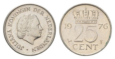 Нидерланды 25 центов 1976 Юлиана (1948-1980) KM 183 никель aUNC 4685-1028