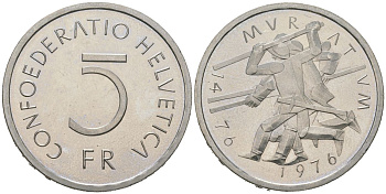 Швейцария 5 франков 1976 500 лет битве при Муртене KM 54 медно-никель UNC 1066-6-61