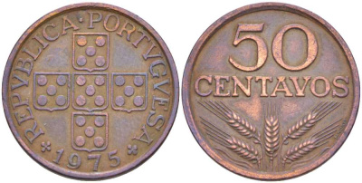 ПОРТУГАЛИЯ 50 СЕНТАВО 1975 KM 596 бронза 213-234