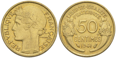ФРАНЦИЯ 50 САНТИМОВ 1941 ТИП MORLON KM 894.1, LE FRANC 192.18 алюминиевая бронза 44-643