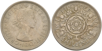 Великобритания 2 шиллинга (флорин) 1966 Елизавета II (1952-2022) KM 906, Spink 4146 медно-никель 4557-1046