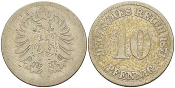 ГЕРМАНИЯ 10 ПФЕННИГОВ 1874 A, СТАРОГЕРБОВКА KM 4, J. 4, Weege 7 медно-никель 261-1211