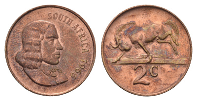 ЮАР 2 цента 1966 Ян ван Рибек (1619-1677), South Africa, легенда на английском, антилопа KM 66.1 бронза UNC 4693-237