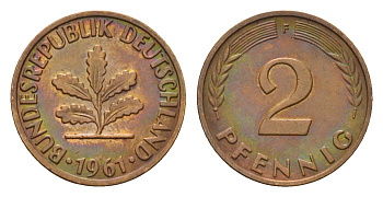 ФРГ 2 пфеннига 1961 F KM 106, J. 381 бронза 4576-332