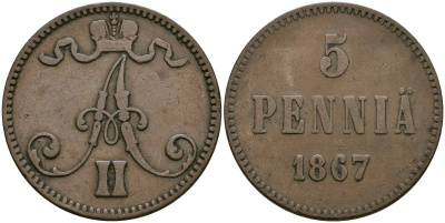 Россия для Финляндии 5 пенни 1867 Александр II (1856-1881) КМ 4.1, Биткин 659 медь 4582-1234