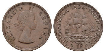 ЮАР 1 пенни 1954 Елизавета II (1952-2022), парусник KM 46 бронза 4526-926
