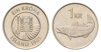 Исландия 1 крона 1981 треска KM 27 медно-никель 4691-524