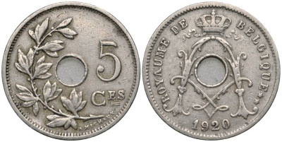 БЕЛЬГИЯ 5 САНТИМОВ 1920 BELGIQUE, АЛЬБЕРТ I (1909-1934) KM 66 медно-никель 4548-1243