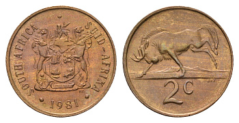 ЮАР 2 цента 1981 герб, антилопа гну KM 83 бронза UNC 4660-941
