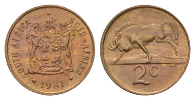 ЮАР 2 цента 1981 герб, антилопа гну KM 83 бронза UNC 4660-941