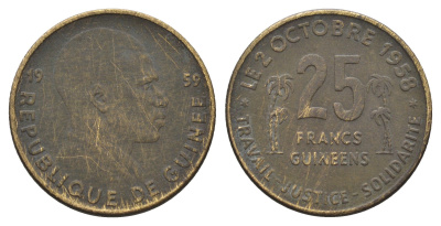 Гвинея 25 франков 1959 год-тип KM 3 медь алюминий 4619-517