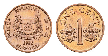 Сингапур 1 цент 1992 KM 98 цинк плакированный медью UNC 4643-162