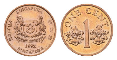 Сингапур 1 цент 1992 KM 98 цинк плакированный медью UNC 4643-162