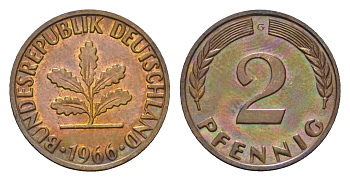 ФРГ 2 пфеннига 1966 G KM 106, J. 381 бронза 3458-249
