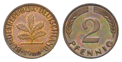 ФРГ 2 пфеннига 1966 G KM 106, J. 381 бронза 3458-249