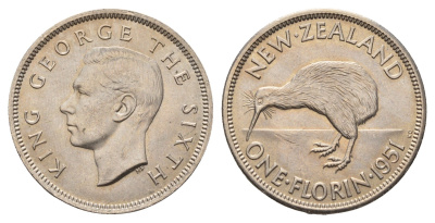 Новая Зеландия 2 шиллинга (флорин) 1951 Георг VI (1936-1952) KM 18 медно-никель UNC 89-1346