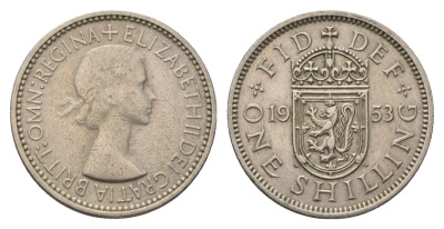 Великобритания 1 шиллинг 1953 год-тип, Елизавета II (1952-2022), Шотландский герб KM 891, Spink 4140 медно-никель 4695-743