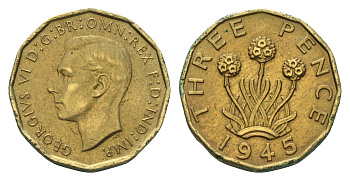 Великобритания 3 пенса 1945 Георг VI (1936-1952) KM 849, Spink 4112 никель латунь 77-424