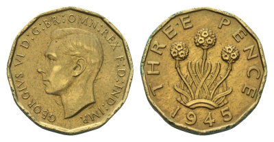 Великобритания 3 пенса 1945 Георг VI (1936-1952) KM 849, Spink 4112 никель латунь 77-424