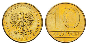 Польша 10 злотых 1990 Y 152.2 латунь UNC 4391-721