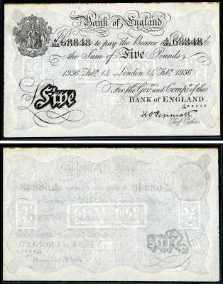 Англия 5 фунтов 1936 Лондон, 15 января, Операция "Бернхард", фальшивка в ущерб денежному обращению PW № RB103, Pick 337 a  бумага   444-10-1-1