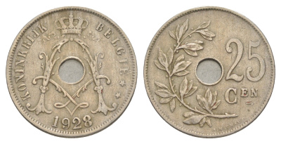 Бельгия 25 сантимов 1928 Belgie, Альберт I (1909-1934) KM 69 медно-никель 4619-555