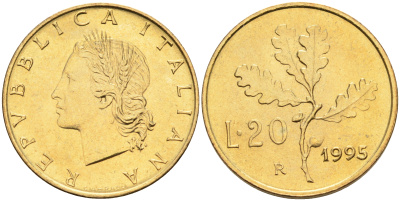 Италия 20 лир 1995 R, дубовый лист KM 97.2 алюминиевая бронза  UNC  4594-1018