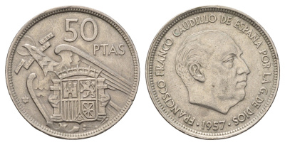 Испания 50 песет 1957 Франсиско Франко (1939-1975) KM 788 медно-никель 4389-416