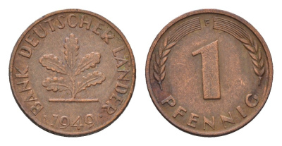 ФРГ 1 пфенниг 1949 F KM A101, J. 376 сталь плакированная медью 4685-346