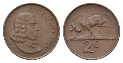 ЮАР 2 цента 1966 Ян ван Рибек (1619-1677), South Africa, легенда на английском, антилопа KM 66.1 бронза 4693-552