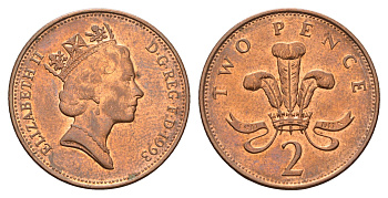 Великобритания 2 пенса 1993 Елизавета II (1952-2022) KM 936a, Spink 4376 (C4) сталь плакированная медью 4631-1131