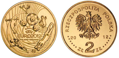 Польша 2 злотых 2012 MW, чемпионат Европы по футболу, евро 2012, УЕФА, Польша-Украина KM 823 нордик UNC M48-20