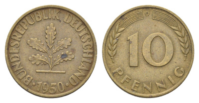 ФРГ 10 пфеннигов 1950 D KM 108, J. 383 сталь плакированная латунью 4705-465