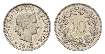 Швейцария 10 раппенов 1957 KM 27 медно-никель 4685-246