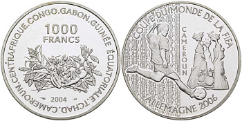 Центральная Африка (BEAC) 1000 франков 2004 чемпионат мира по футболу в Германии FIFA Камерун, 2006 KM 23 серебро PROOF 11-168-12